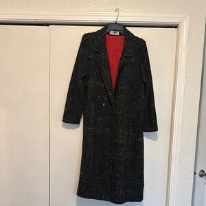 Vintage Black Tweed Long Coat with Red Lining